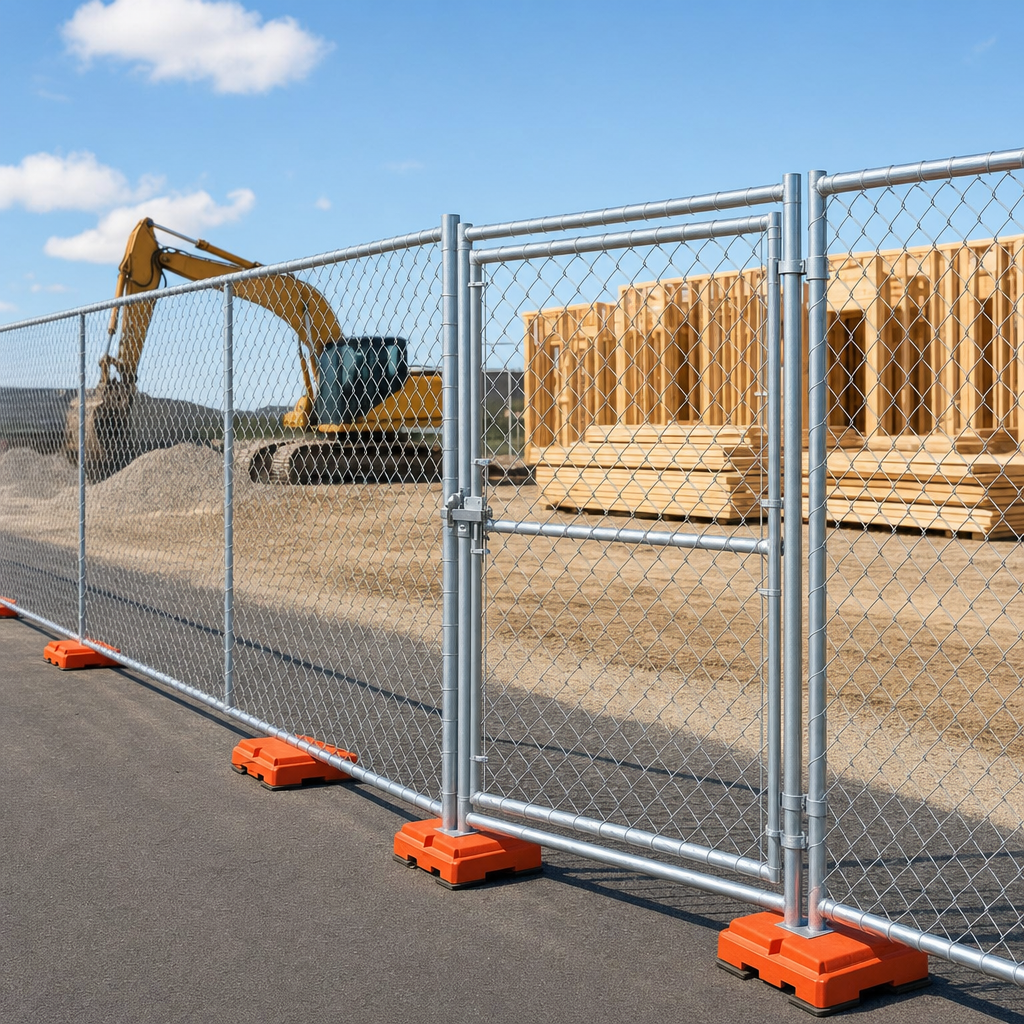 Chain-link temporary fence line securing the perimeter of an active construction site