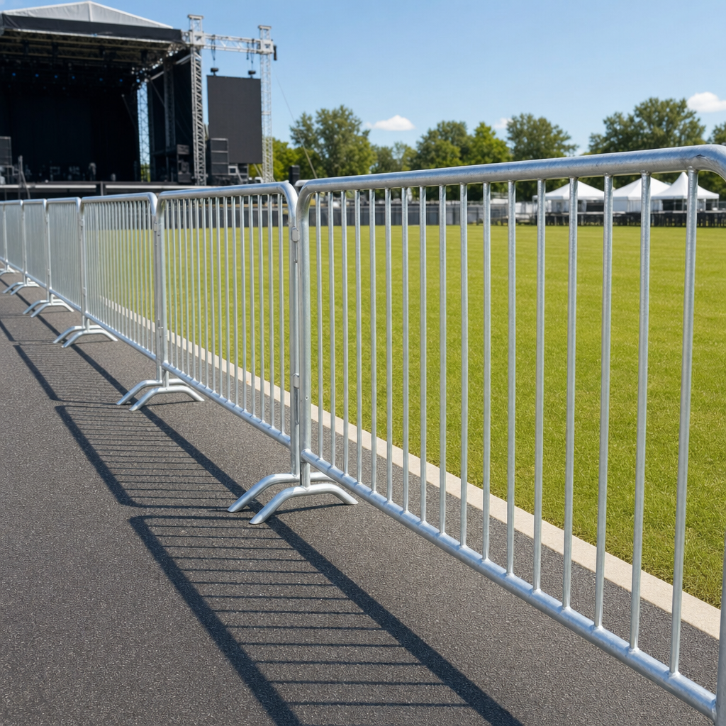 Temporary perimeter fence and crowd barricades bounding an outdoor festival event