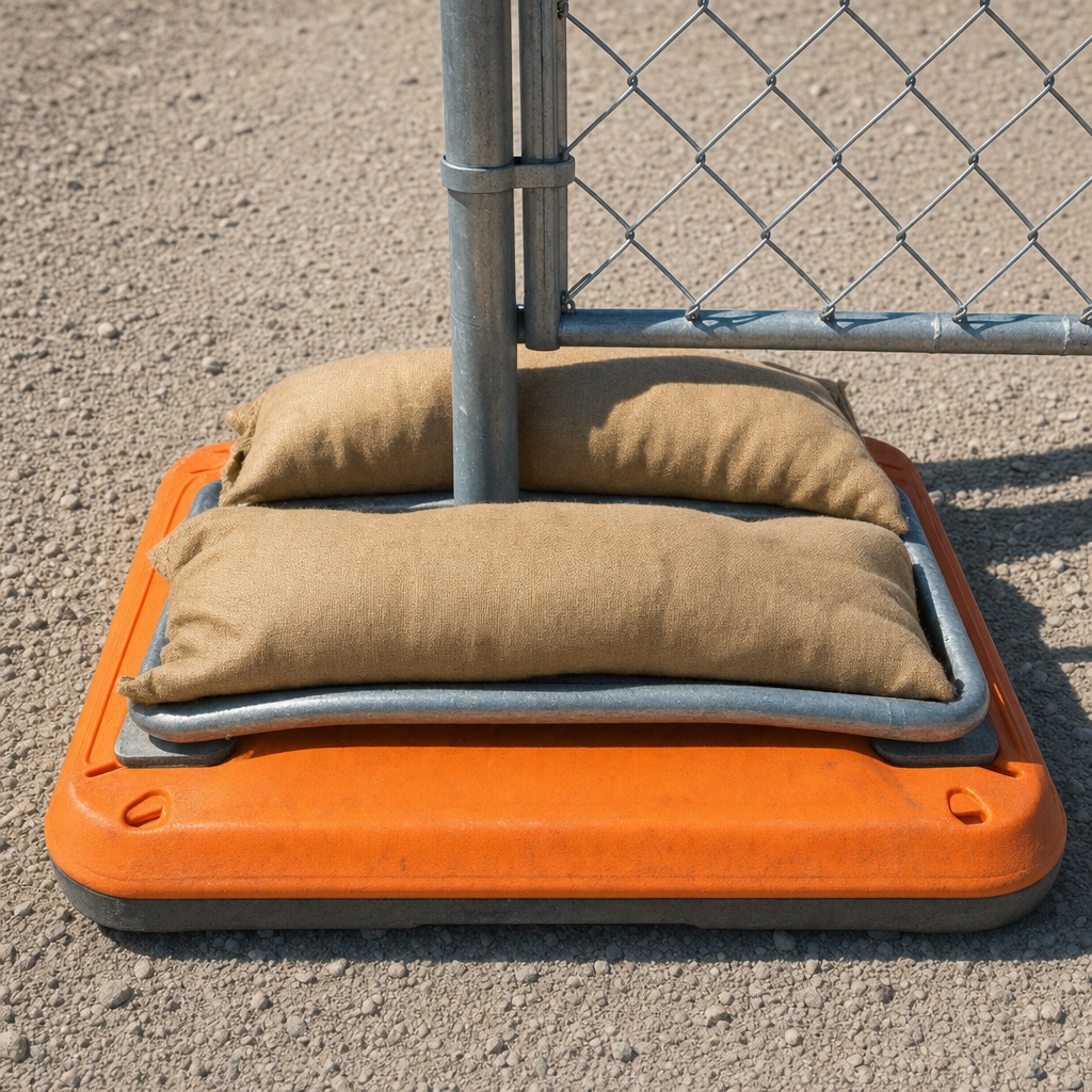 Sandbag ballast weighing down the metal foot of a temporary fence stand