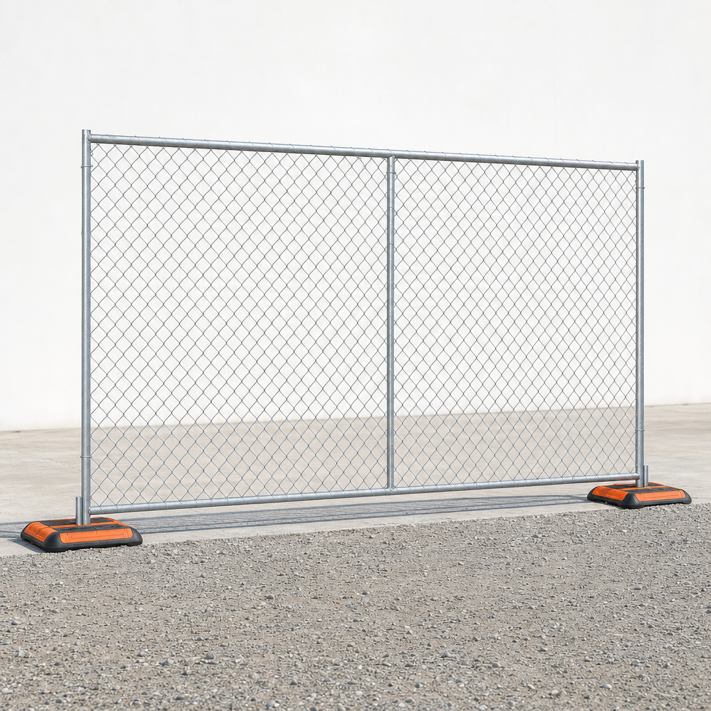 Six-foot chain-link temporary fence panel standing in a free-standing metal foot on a bright jobsite